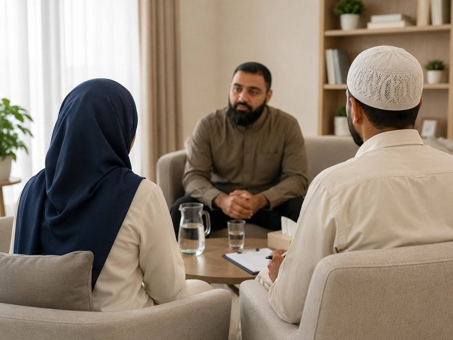 A mediator seated across from a couple in a calm, private setting.