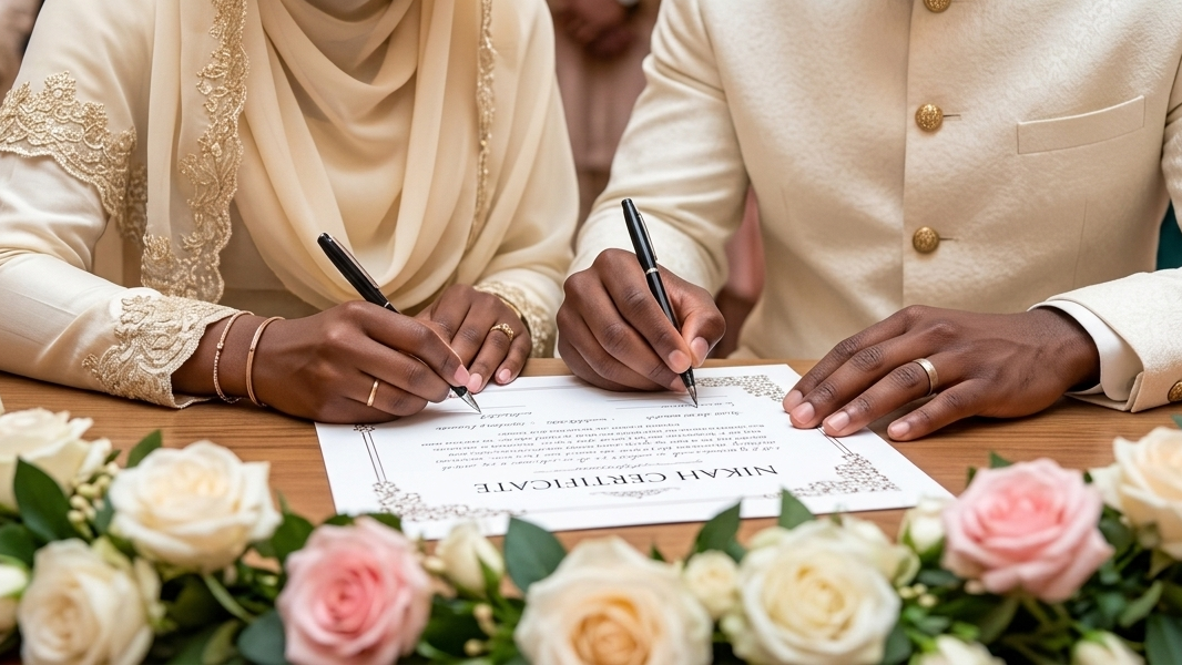 A couple signing their Nikah certificate, surrounded by roses.